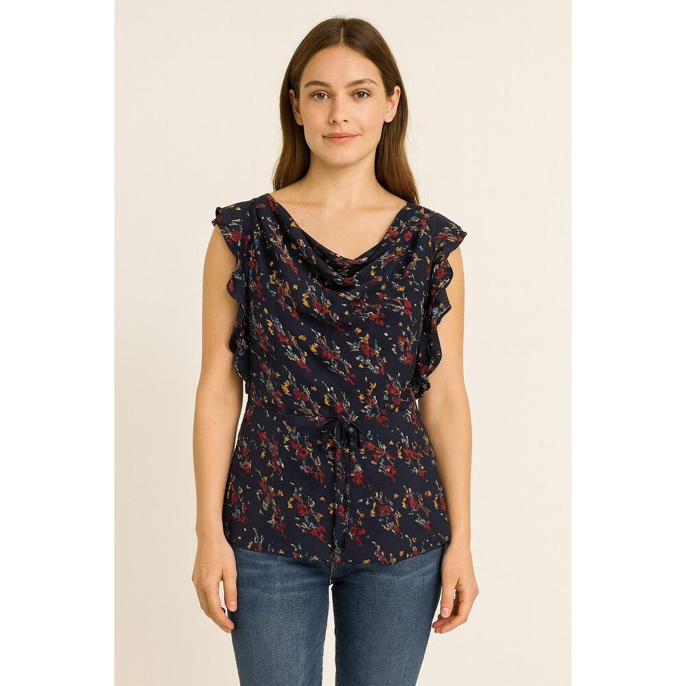 Odille for Anthropologie Navy Floral Cowl Neck Blouse - Women’s Size M